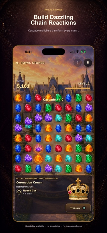 Royal Stones gameplay on iPhone showing a four-times cascade multiplier over a colorful gem board and Coronation Crown commission.