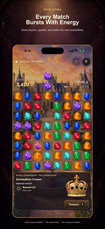 Royal Stones gameplay on iPhone showing purple gems in motion above the board during an energetic match effect.