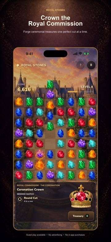 Royal Stones gameplay on iPhone showing gems moving above the board and a newly fitted jewel in the Coronation Crown commission.
