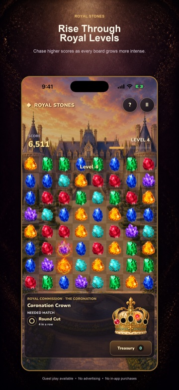 Royal Stones gameplay on iPhone showing a Level 4 notification, score progress, gem board, and crown commission.