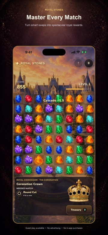 Royal Stones gameplay on iPhone showing a one-and-a-half-times cascade multiplier across a live gem board.