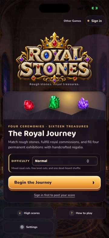 Royal Stones iPhone title screen with the jeweled logo, difficulty selector, Begin the Journey button, guest-play note, Sign in, High scores, How to play, and Settings controls.