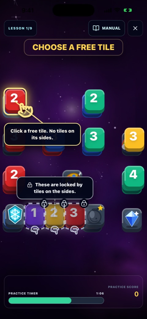 The Tile Towers iPhone tutorial highlights a free tile and explains which tiles are locked by tiles on their sides.