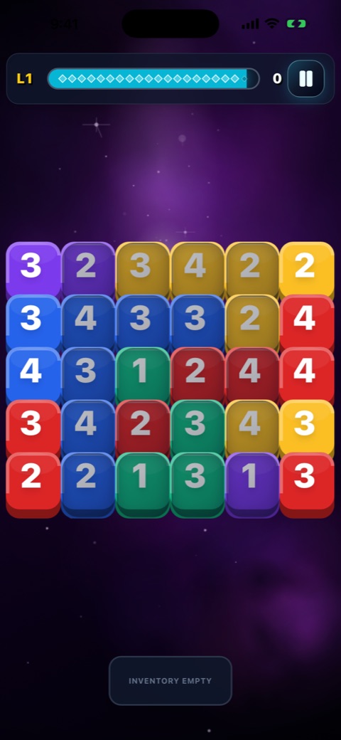 A live level-one Tile Towers board on iPhone with its progress meter, pause control, and stacked colored tiles.
