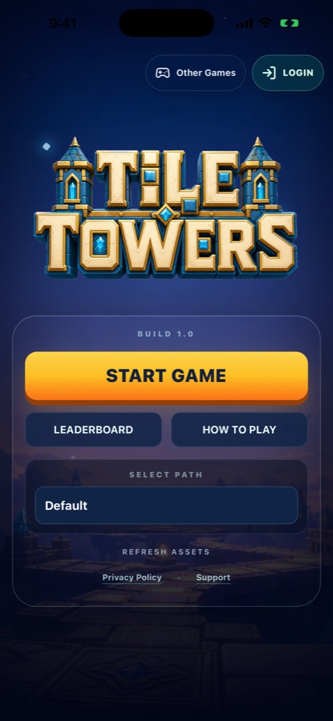 Tile Towers iPhone main menu with Start Game, Leaderboard, How to Play, path selection, Login, Privacy Policy, and Support controls.