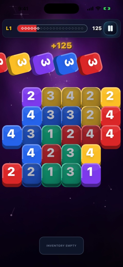Four matching number-three tiles sweep away from a layered Tile Towers board on iPhone while a plus-125 score appears.