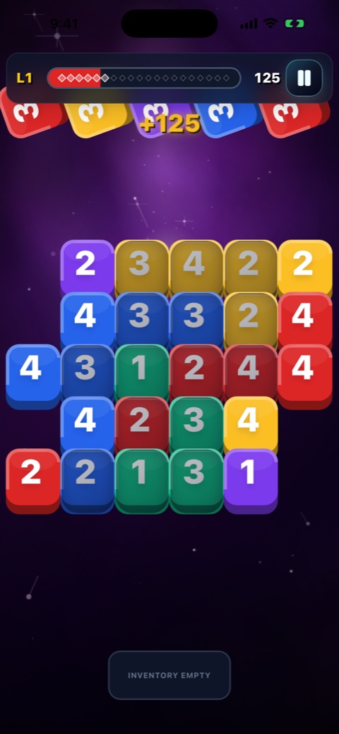Matched number-three tiles sweep across the top of the iPhone game board while a plus-125 score burst appears.