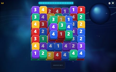 Tile Towers Cosmic Voyage gameplay with a large layered matching board and a ringed world in space.