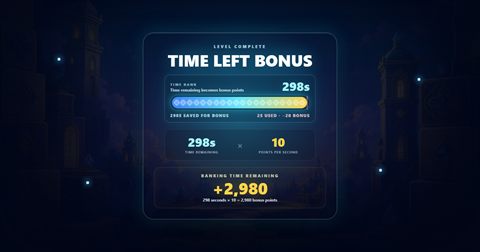 Tile Towers time-left bonus screen counting saved seconds into bonus points after a completed level.